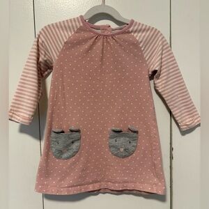 Baby Boden bunny pocket dress, featuring a pink polka dot pattern, size 18-24 m